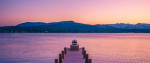 Preview wallpaper pier, lake, mountains, dusk, nature