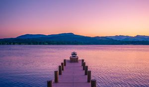 Preview wallpaper pier, lake, mountains, dusk, nature