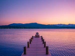 Preview wallpaper pier, lake, mountains, dusk, nature