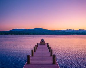 Preview wallpaper pier, lake, mountains, dusk, nature