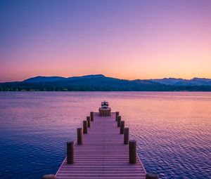 Preview wallpaper pier, lake, mountains, dusk, nature