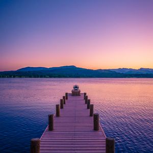 Preview wallpaper pier, lake, mountains, dusk, nature