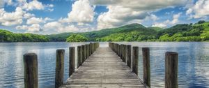 Preview wallpaper pier, lake, mountains, trees, landscape, nature