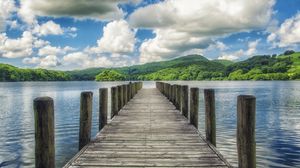 Preview wallpaper pier, lake, mountains, trees, landscape, nature