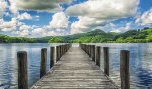Preview wallpaper pier, lake, mountains, trees, landscape, nature