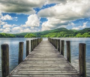 Preview wallpaper pier, lake, mountains, trees, landscape, nature