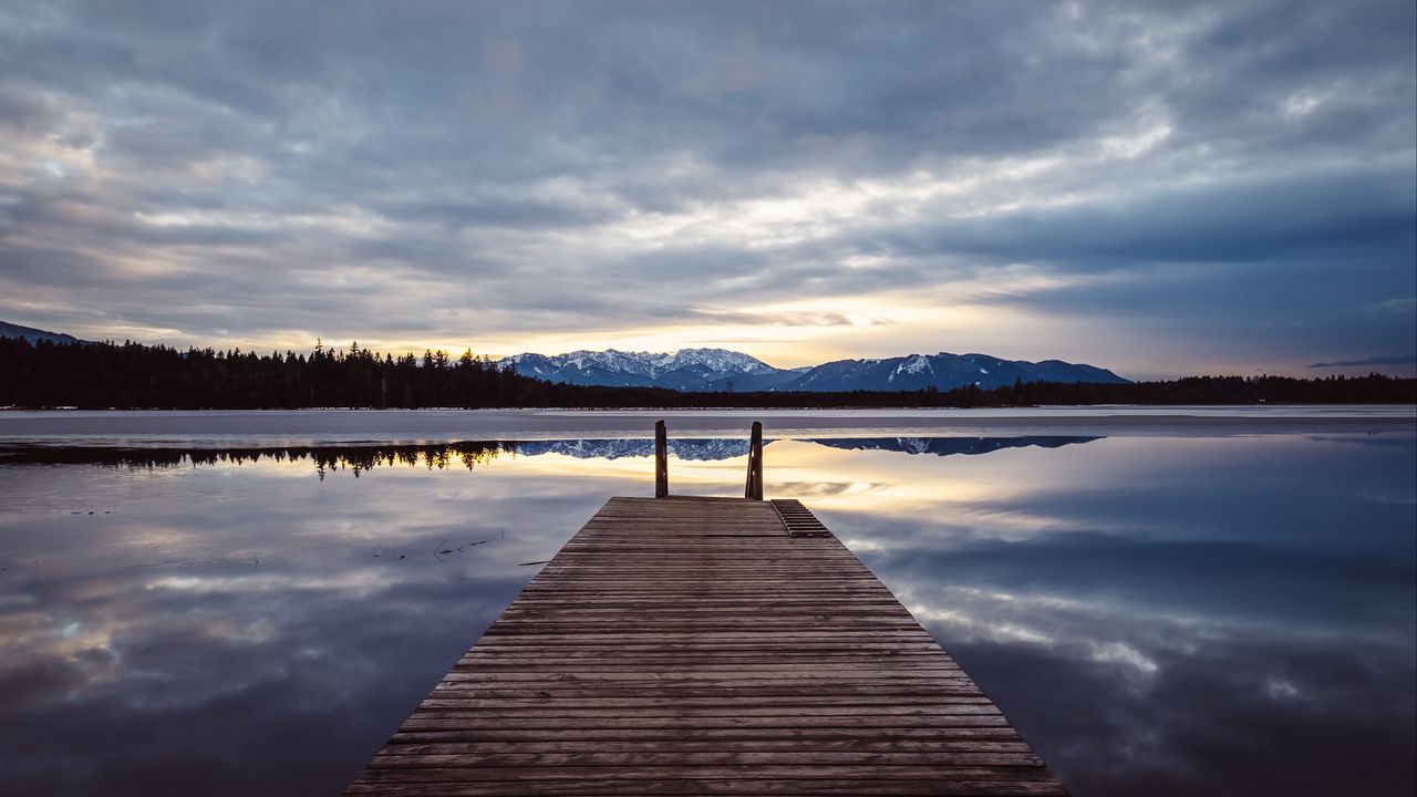 Wallpaper pier, lake, mountains, clouds, reflection hd, picture, image