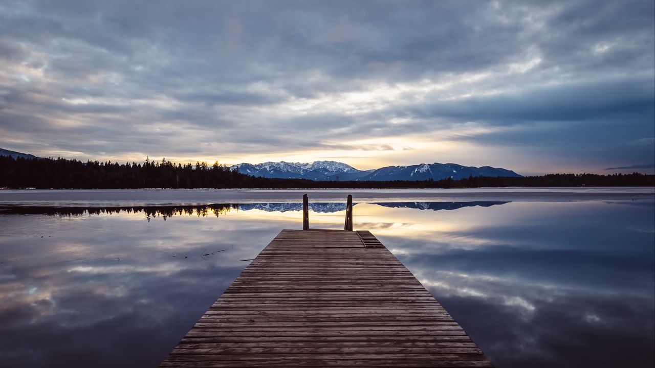 Wallpaper pier, lake, mountains, clouds, reflection