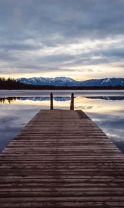 Preview wallpaper pier, lake, mountains, clouds, reflection