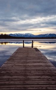 Preview wallpaper pier, lake, mountains, clouds, reflection