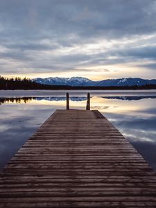 Preview wallpaper pier, lake, mountains, clouds, reflection