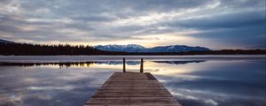 Preview wallpaper pier, lake, mountains, clouds, reflection