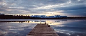 Preview wallpaper pier, lake, mountains, clouds, reflection