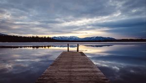 Preview wallpaper pier, lake, mountains, clouds, reflection