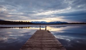 Preview wallpaper pier, lake, mountains, clouds, reflection