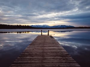 Preview wallpaper pier, lake, mountains, clouds, reflection