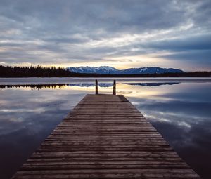 Preview wallpaper pier, lake, mountains, clouds, reflection