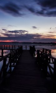 Preview wallpaper pier, lake, sunset, sky