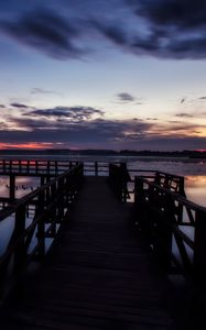 Preview wallpaper pier, lake, sunset, sky