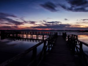 Preview wallpaper pier, lake, sunset, sky