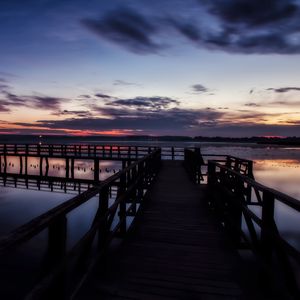 Preview wallpaper pier, lake, sunset, sky