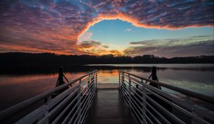 Preview wallpaper pier, lake, sunset, clouds, idyll