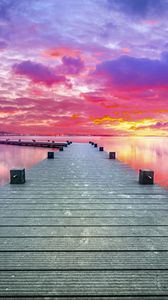 Preview wallpaper pier, lake, sunset, sky, nature