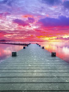 Preview wallpaper pier, lake, sunset, sky, nature