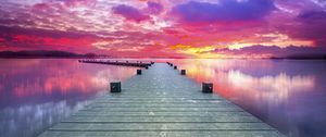 Preview wallpaper pier, lake, sunset, sky, nature