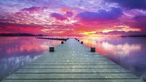 Preview wallpaper pier, lake, sunset, sky, nature