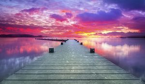 Preview wallpaper pier, lake, sunset, sky, nature