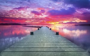 Preview wallpaper pier, lake, sunset, sky, nature