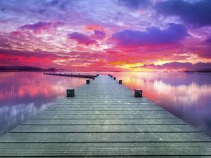 Preview wallpaper pier, lake, sunset, sky, nature