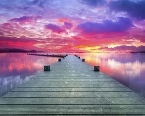 Preview wallpaper pier, lake, sunset, sky, nature