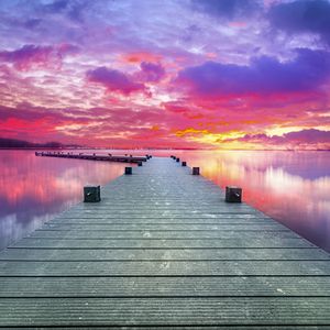 Preview wallpaper pier, lake, sunset, sky, nature