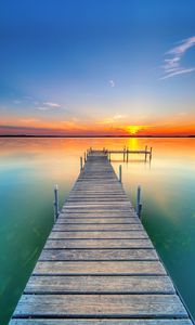 Preview wallpaper pier, lake, sunset, water, horizon