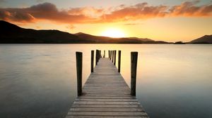 Preview wallpaper pier, lake, sunset, water, nature