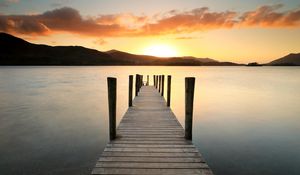 Preview wallpaper pier, lake, sunset, water, nature