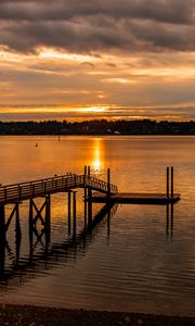 Preview wallpaper pier, lake, trees, evening, clouds