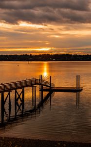 Preview wallpaper pier, lake, trees, evening, clouds