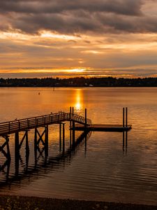 Preview wallpaper pier, lake, trees, evening, clouds