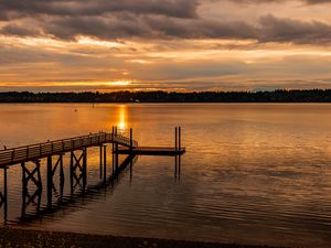 Preview wallpaper pier, lake, trees, evening, clouds
