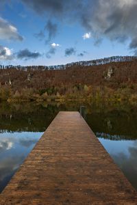 Preview wallpaper pier, lake, trees, forest, sky, nature