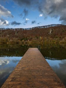 Preview wallpaper pier, lake, trees, forest, sky, nature