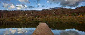 Preview wallpaper pier, lake, trees, forest, sky, nature
