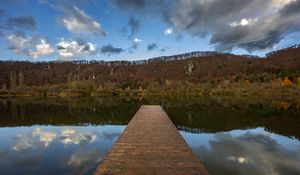 Preview wallpaper pier, lake, trees, forest, sky, nature