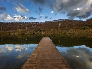 Preview wallpaper pier, lake, trees, forest, sky, nature