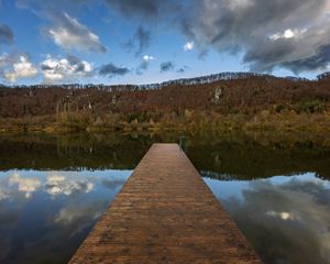 Preview wallpaper pier, lake, trees, forest, sky, nature