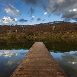Preview wallpaper pier, lake, trees, forest, sky, nature