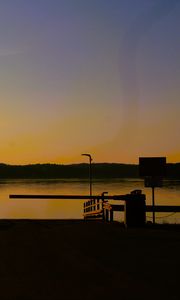 Preview wallpaper pier, lake, trees, evening, dark